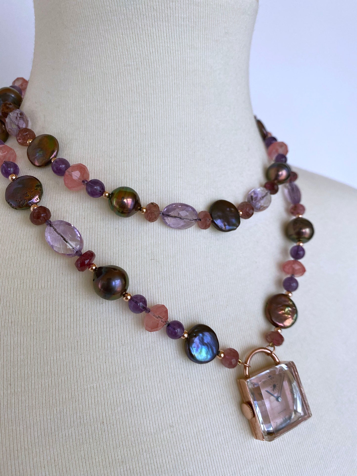 Black Pearl, Amethyst, Pink Tourmaline, Cherry Quartz and 14K Rose Gold Sautoir