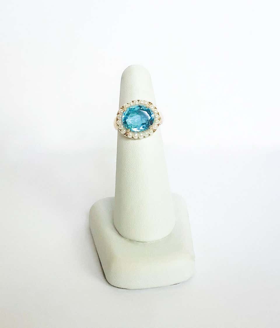 Blue Topaz Ring with Seed Pearls and 14 Karat Gold Band