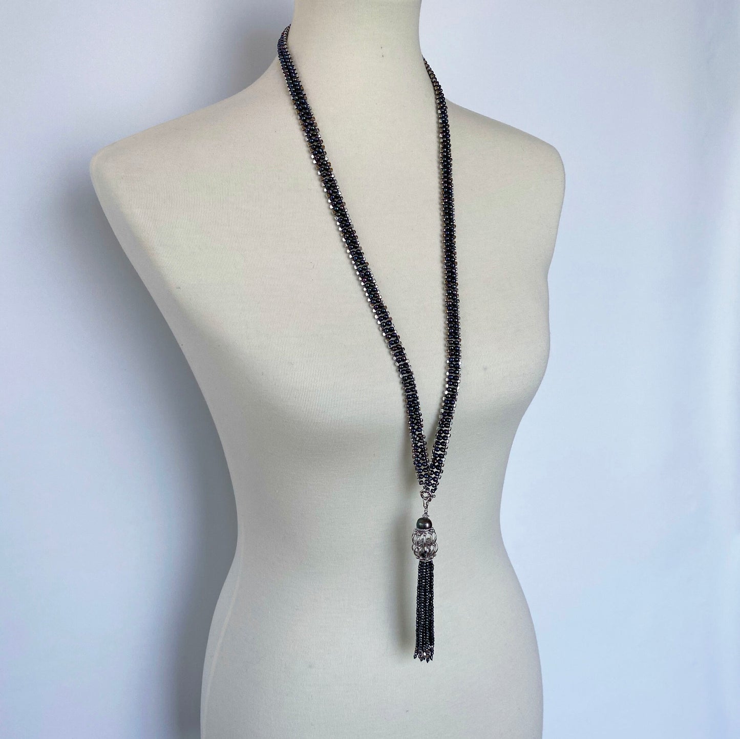 Unisex Black Pearl & Rhodium Silver Sautoir with Removable Hematite Tassel