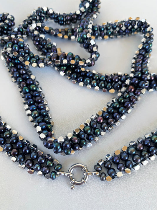 Black Pearl & Rhodium Silver Sautoir with Removable Hematite Tassel