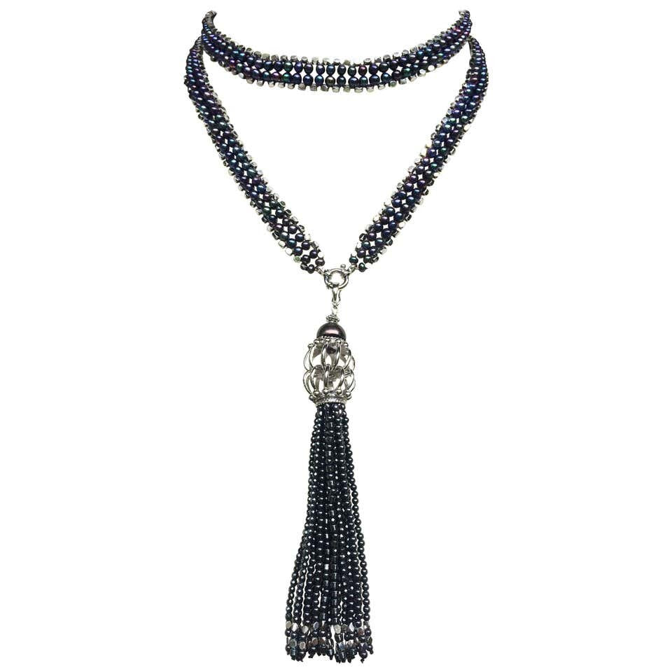 Unisex Black Pearl & Rhodium Silver Sautoir with Removable Hematite Tassel