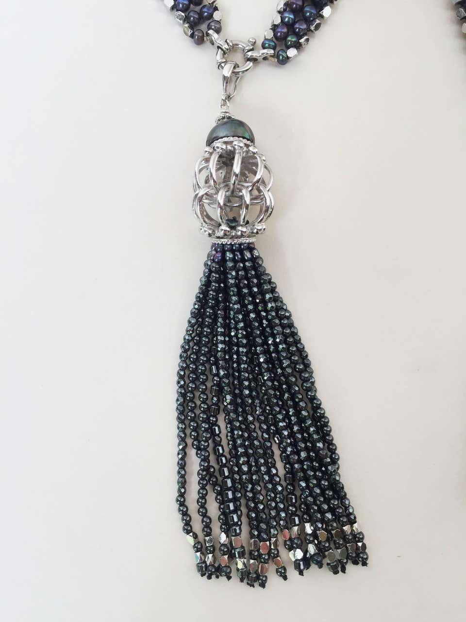 Unisex Black Pearl & Rhodium Silver Sautoir with Removable Hematite Tassel