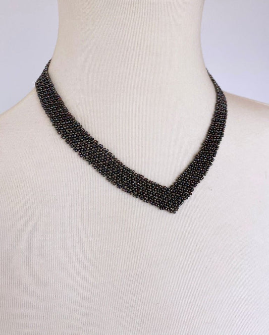 Woven Black Seed Pearl "V" Necklace with 14K Yellow Gold Clasp & Brooch