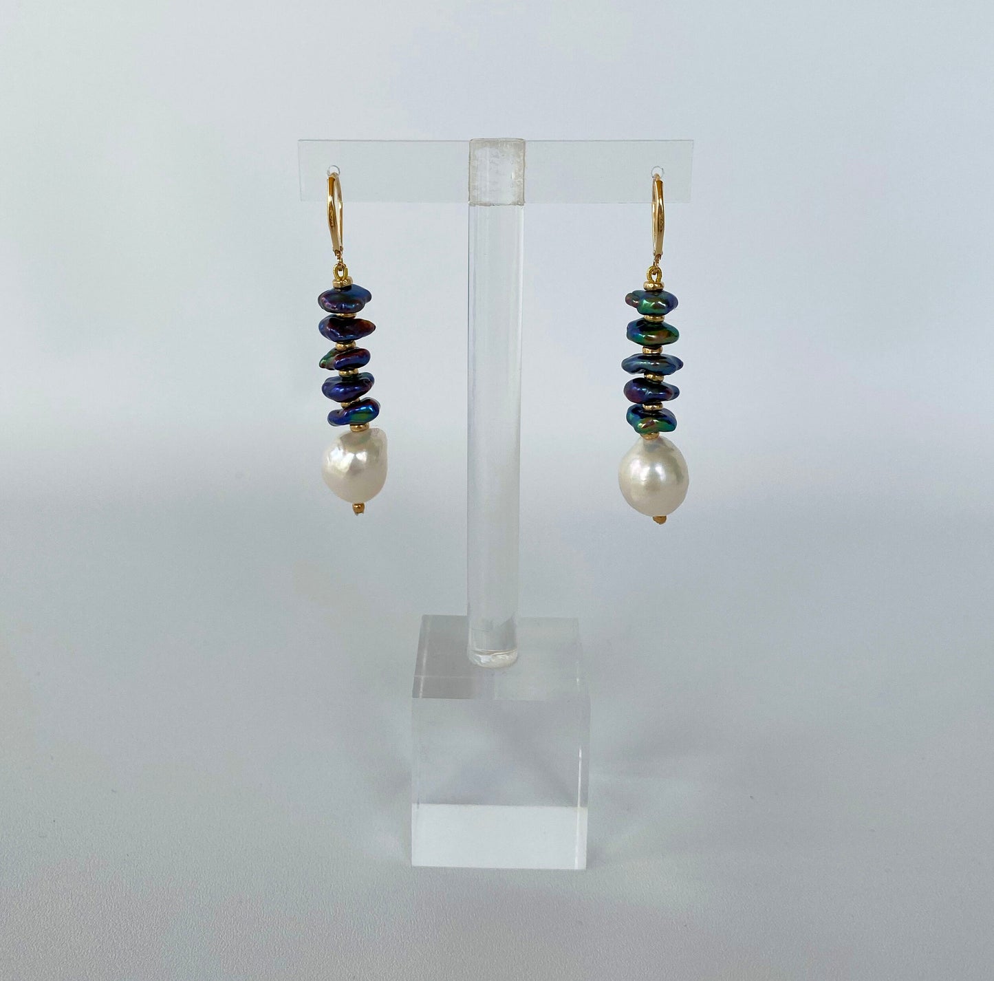 Black & White Baroque Pearl Earrings with Solid 14k Yellow Gold Lever Back Hooks