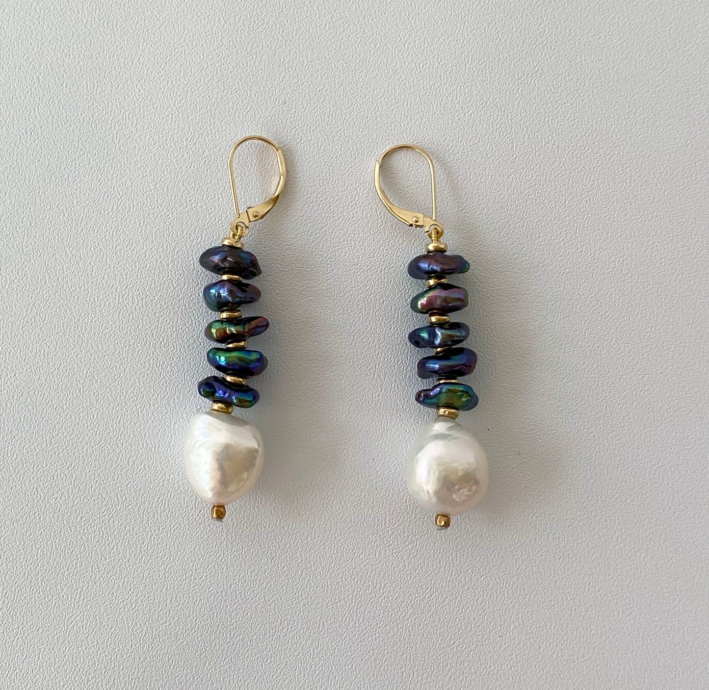 Black & White Baroque Pearl Earrings with Solid 14k Yellow Gold Lever Back Hooks