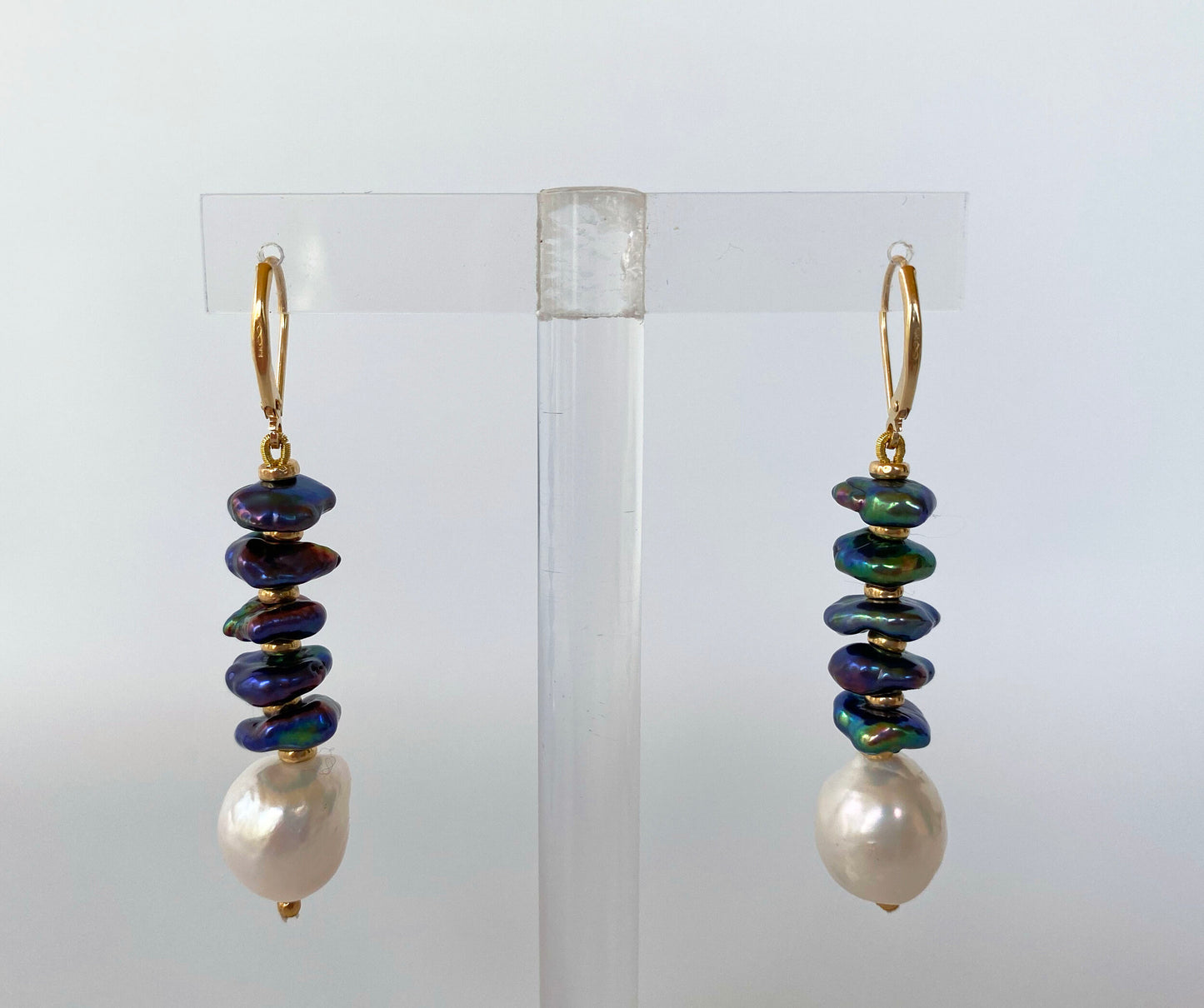 Black & White Baroque Pearl Earrings with Solid 14k Yellow Gold Lever Back Hooks