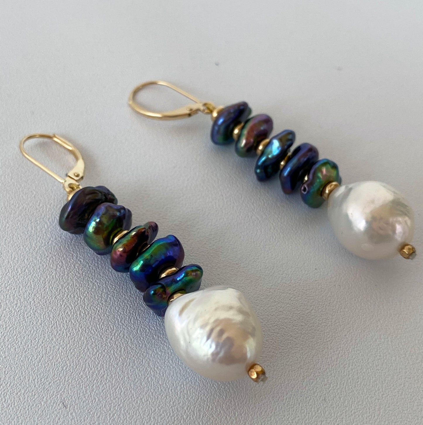 Black & White Baroque Pearl Earrings with Solid 14k Yellow Gold Lever Back Hooks