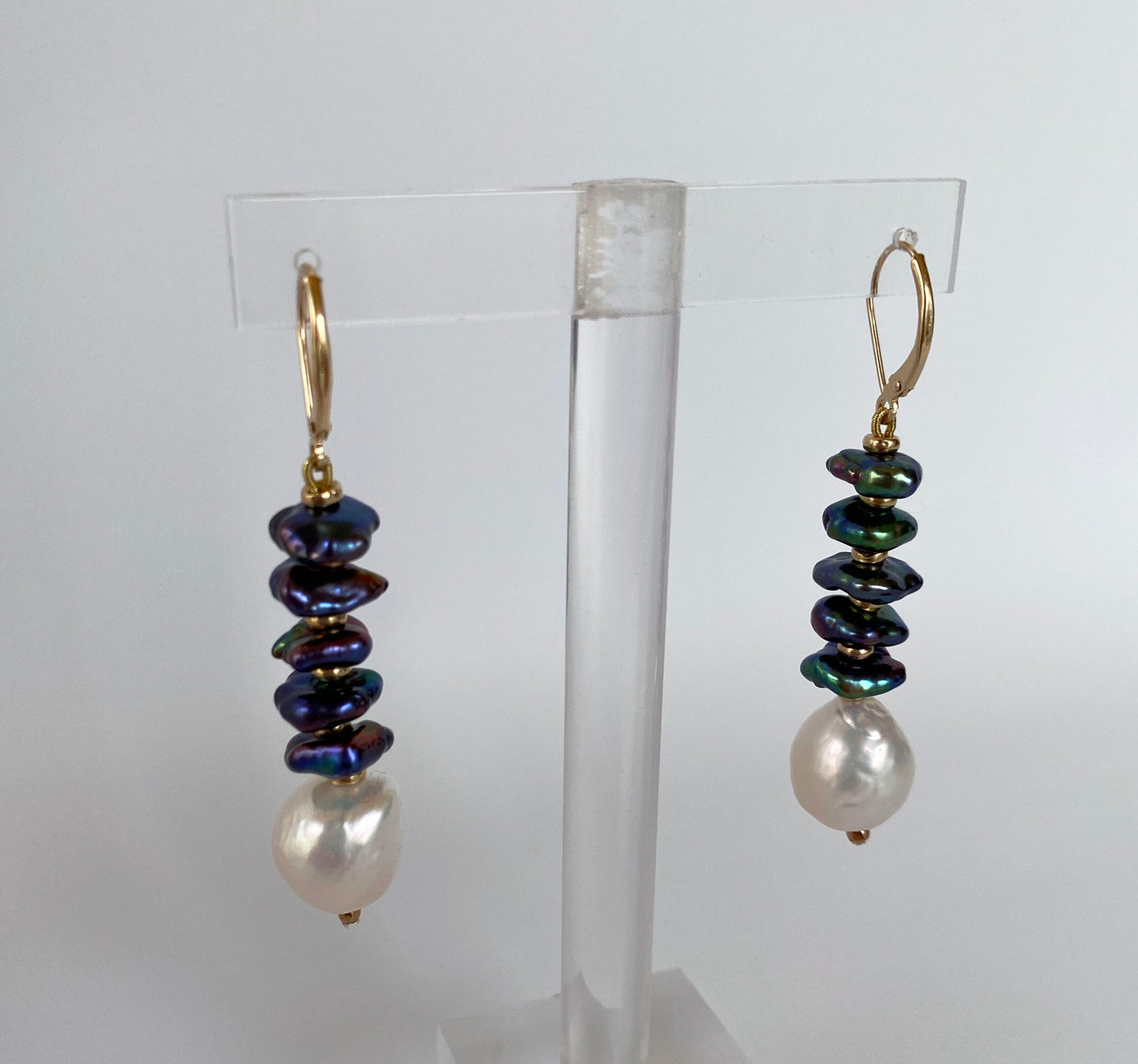 Black & White Baroque Pearl Earrings with Solid 14k Yellow Gold Lever Back Hooks