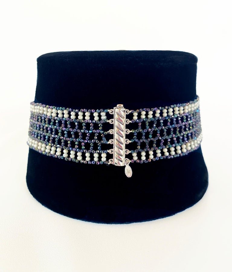 Marina J Woven Black Spinel and White Pearl Choker with a Silver Clasp