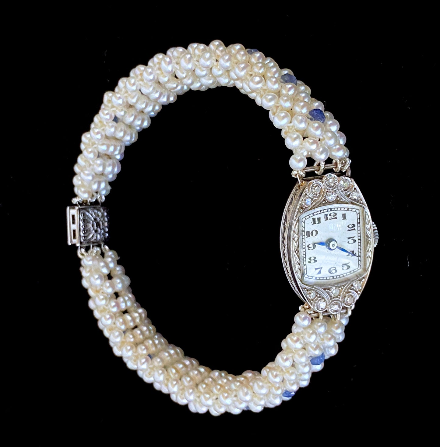 Antique French Platinum Diamond Watch with Blue Sapphires & Pearls