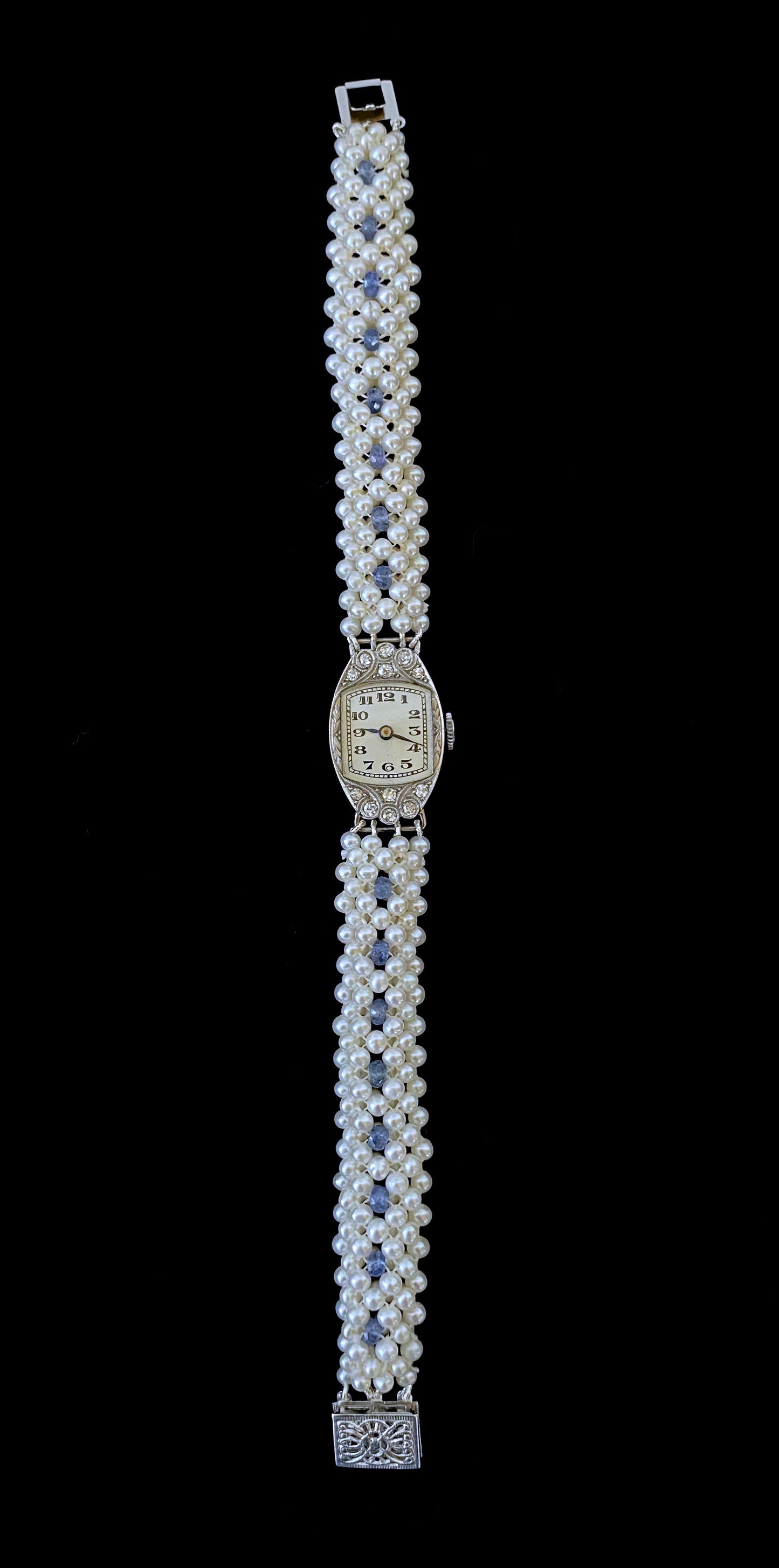 Antique French Platinum Diamond Watch with Blue Sapphires & Pearls