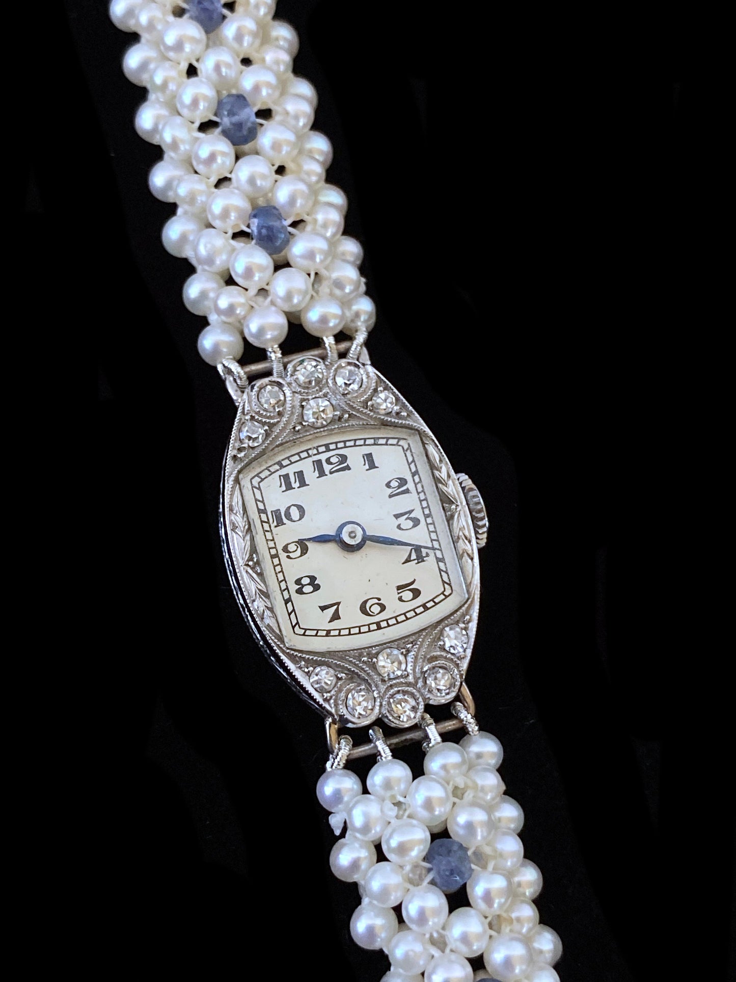 Antique French Platinum Diamond Watch with Blue Sapphires & Pearls