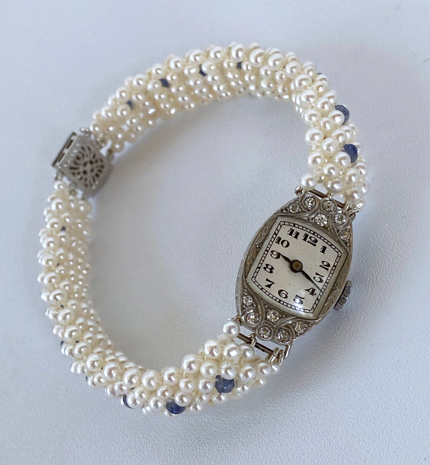 Antique French Platinum Diamond Watch with Blue Sapphires & Pearls