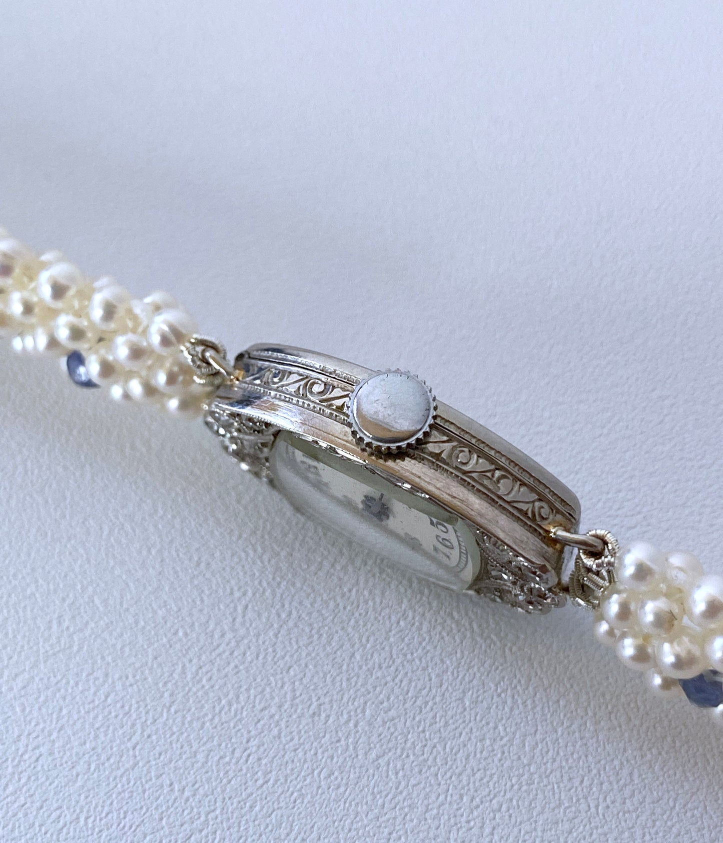 Antique French Platinum Diamond Watch with Blue Sapphires & Pearls