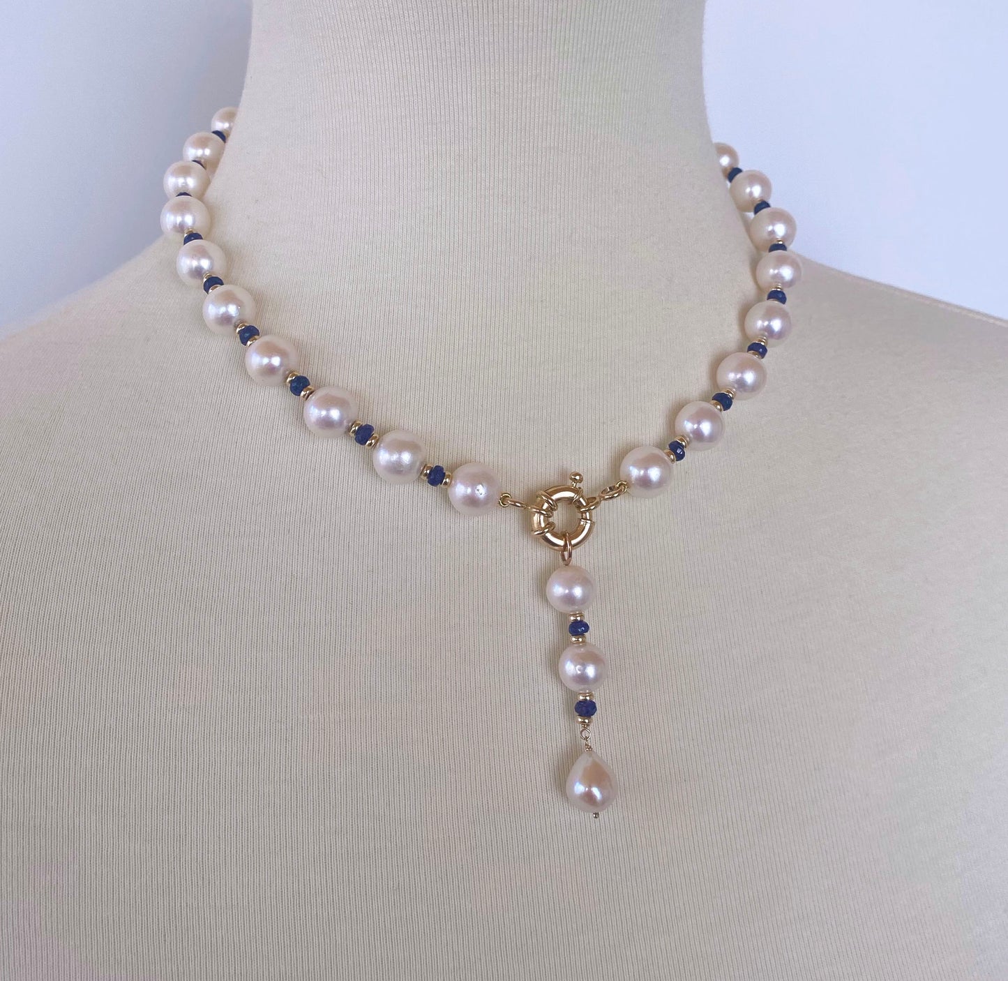 Blue Sapphire, Pearl and 14k Yellow Gold Drop Tassel Necklace
