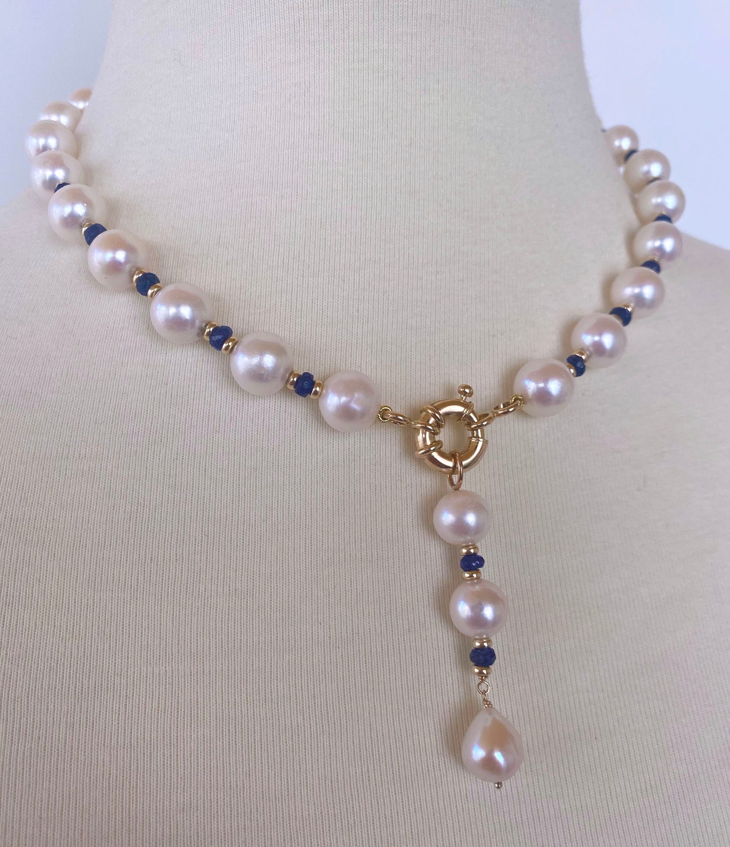 Blue Sapphire, Pearl and 14k Yellow Gold Drop Tassel Necklace