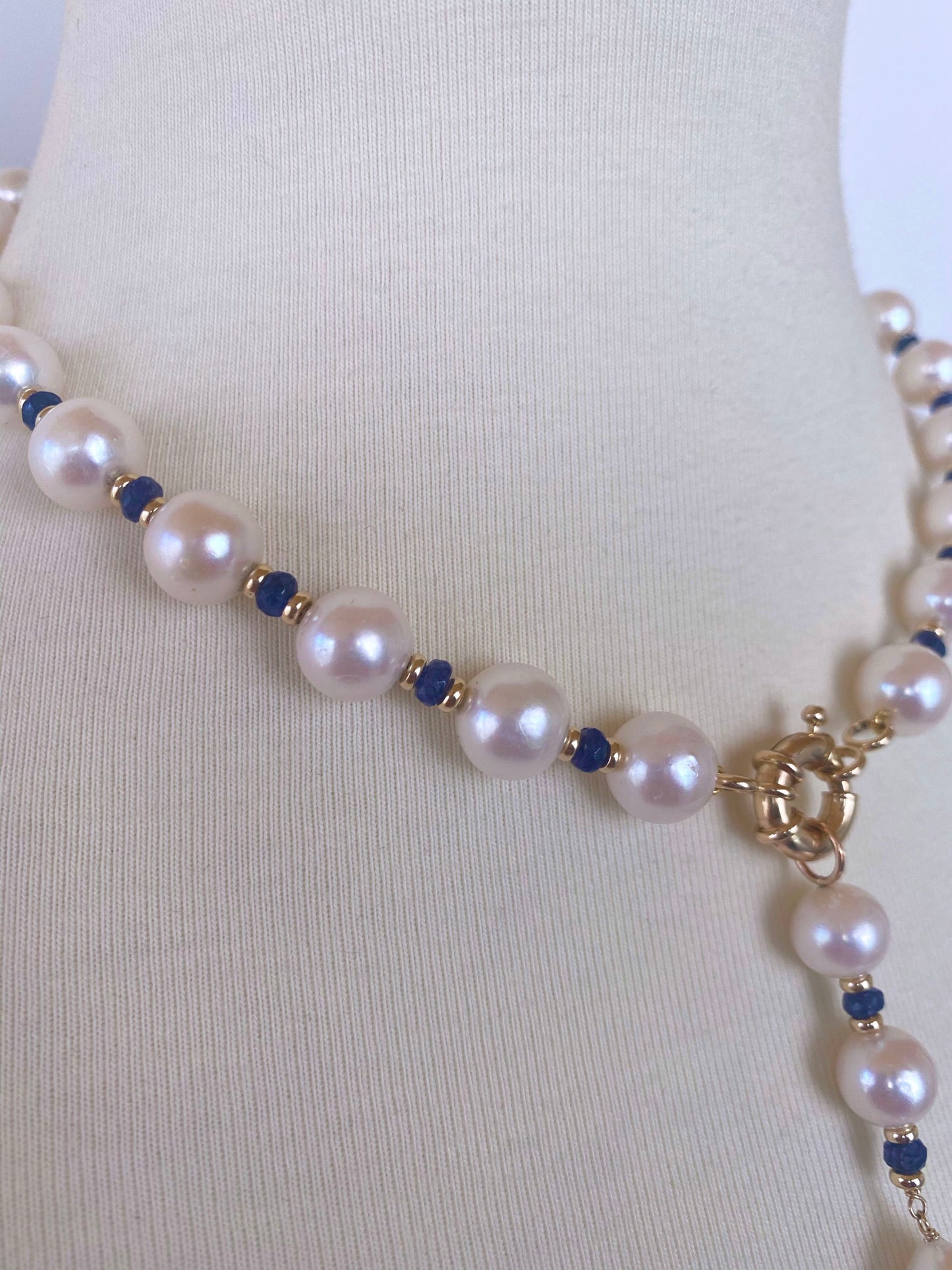 Blue Sapphire, Pearl and 14k Yellow Gold Drop Tassel Necklace