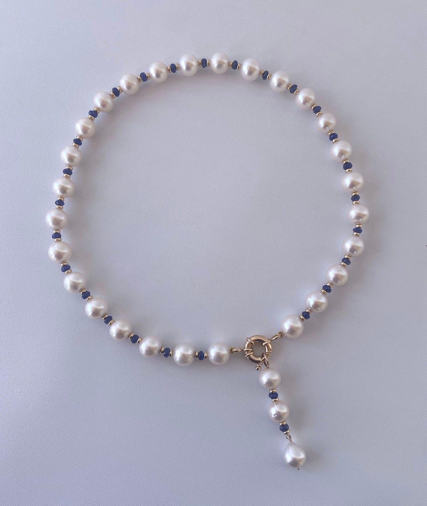 Blue Sapphire, Pearl and 14k Yellow Gold Drop Tassel Necklace