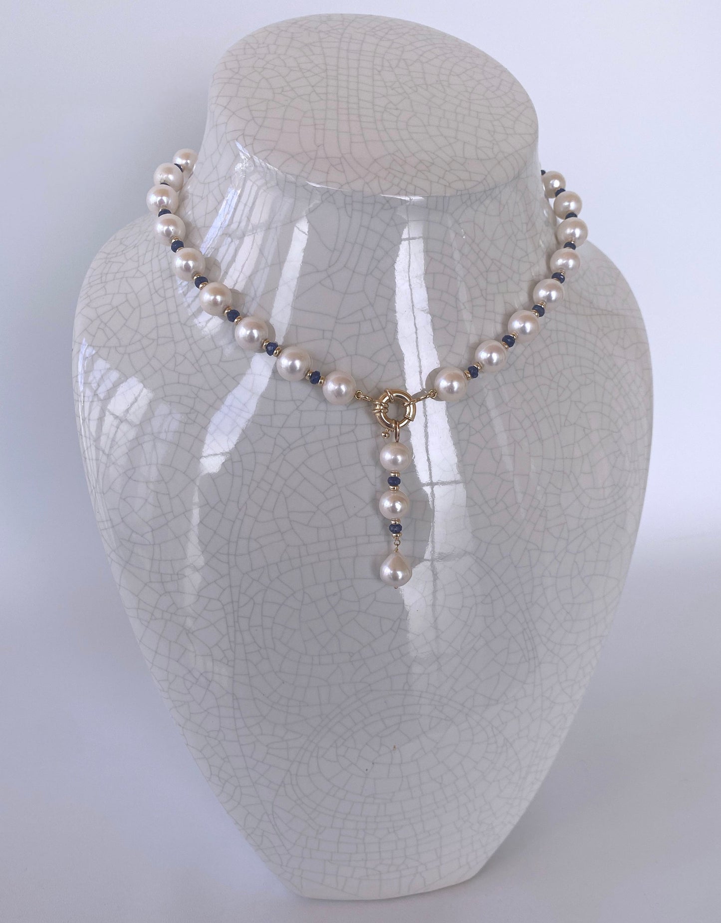 Blue Sapphire, Pearl and 14k Yellow Gold Drop Tassel Necklace