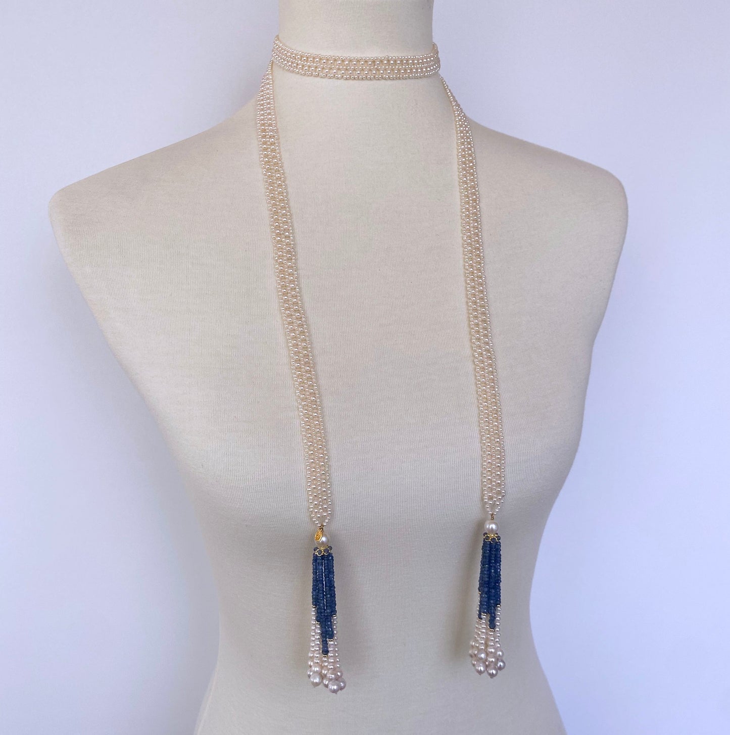 Graduated Pearl & Blue Sapphire Sautoir with 14k Yellow Gold