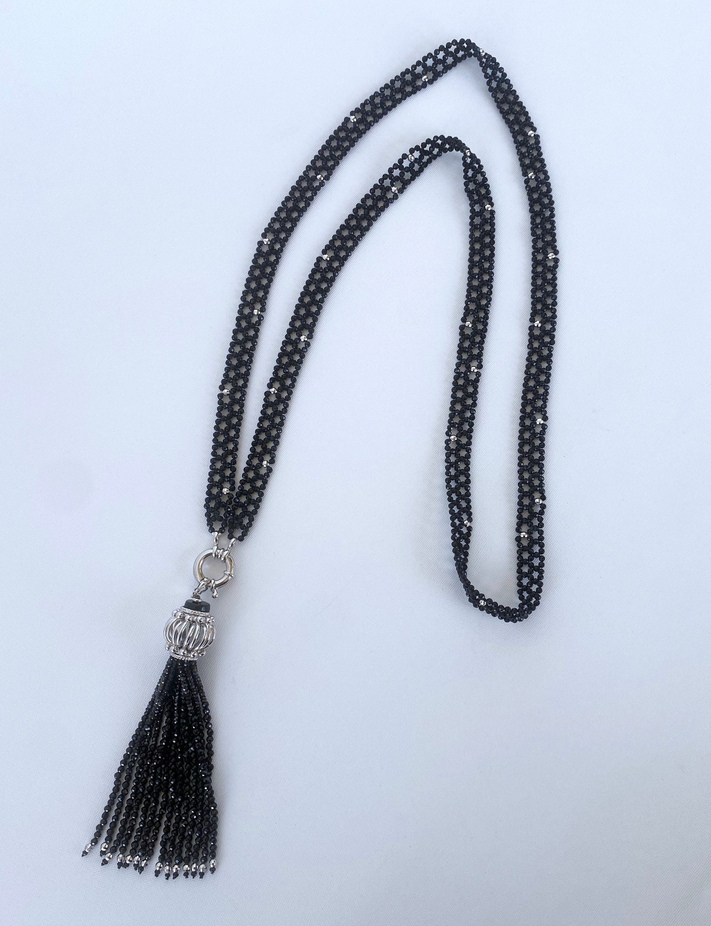 Black Spinel and Silver Rhodium Sautoir with Removable Tassel