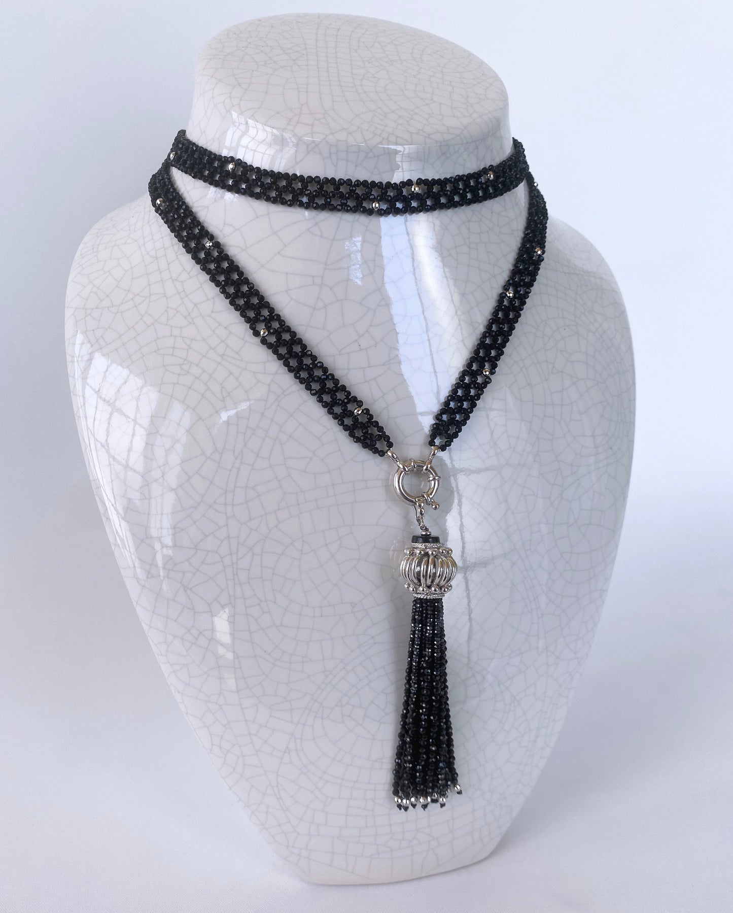 Black Spinel and Silver Rhodium Sautoir with Removable Tassel