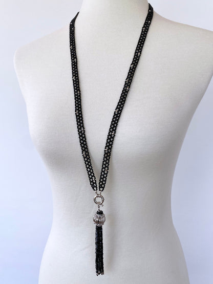 Black Spinel and Silver Rhodium Sautoir with Removable Tassel