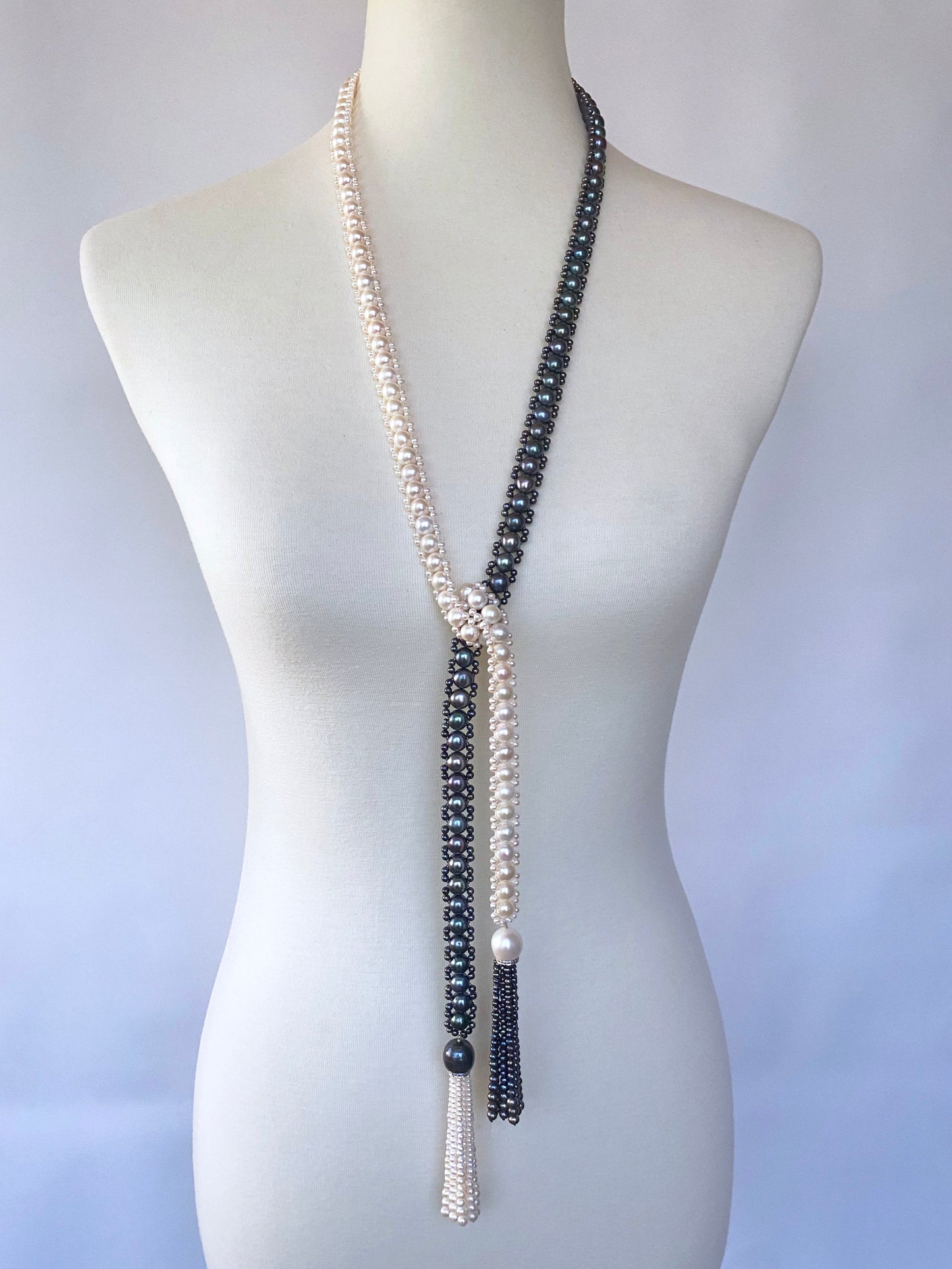 Black & White Pearl Sautoir with Diamonds and 14k White Gold