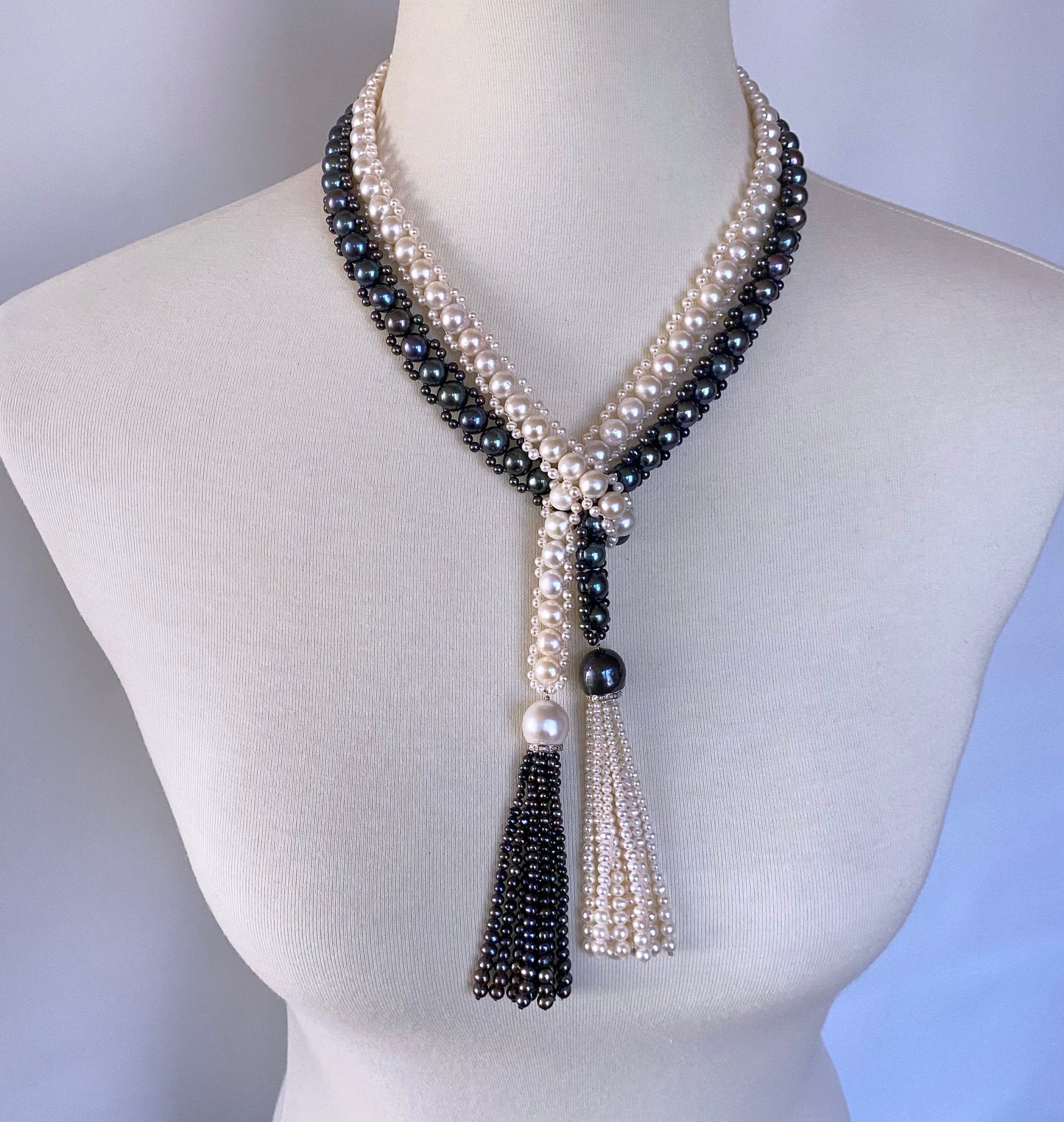 Black & White Pearl Sautoir with Diamonds and 14k White Gold