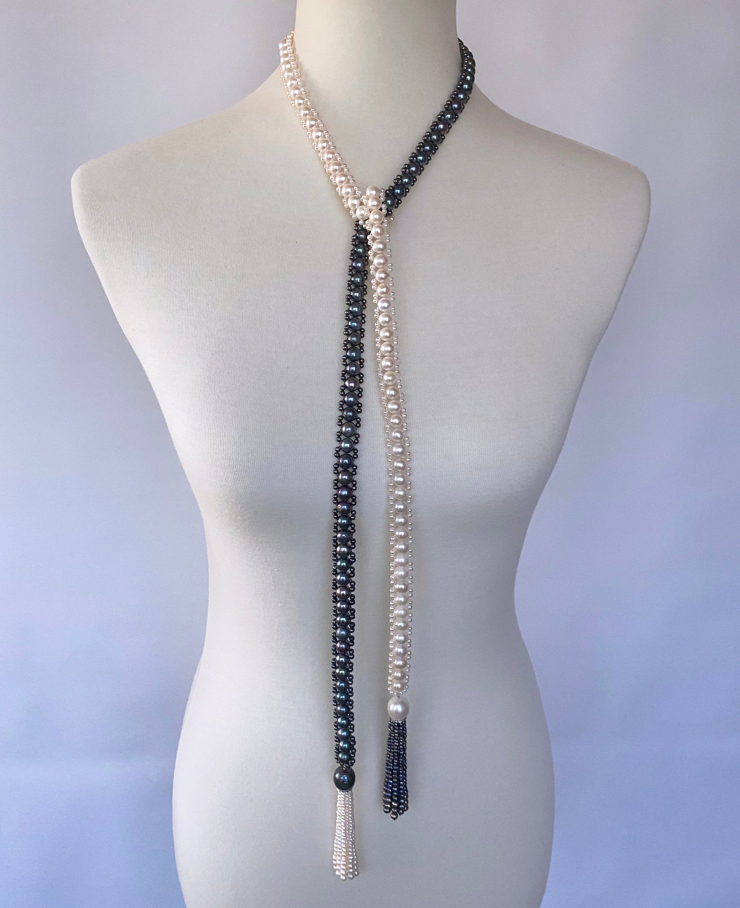 Black & White Pearl Sautoir with Diamonds and 14k White Gold