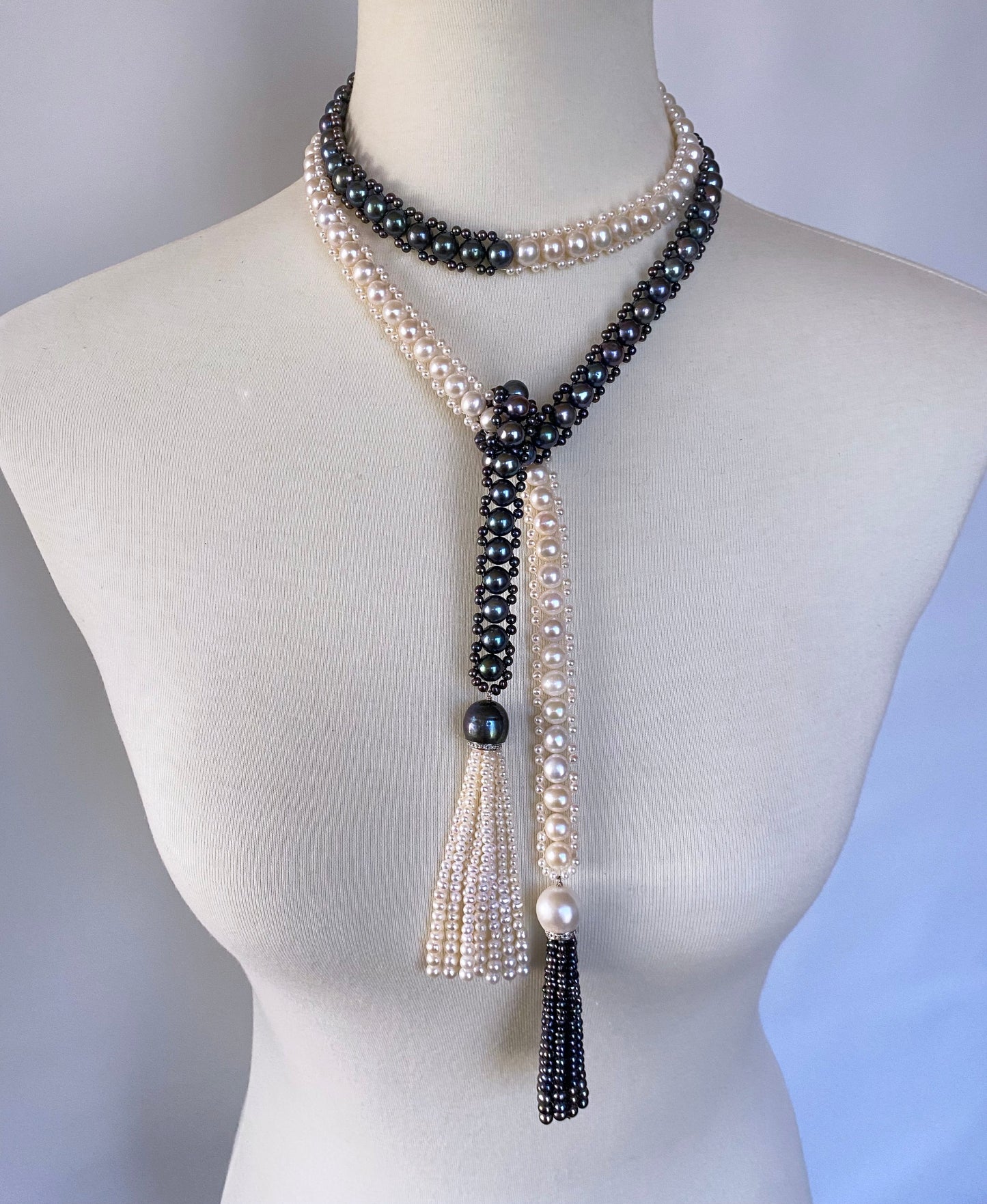 Black & White Pearl Sautoir with Diamonds and 14k White Gold