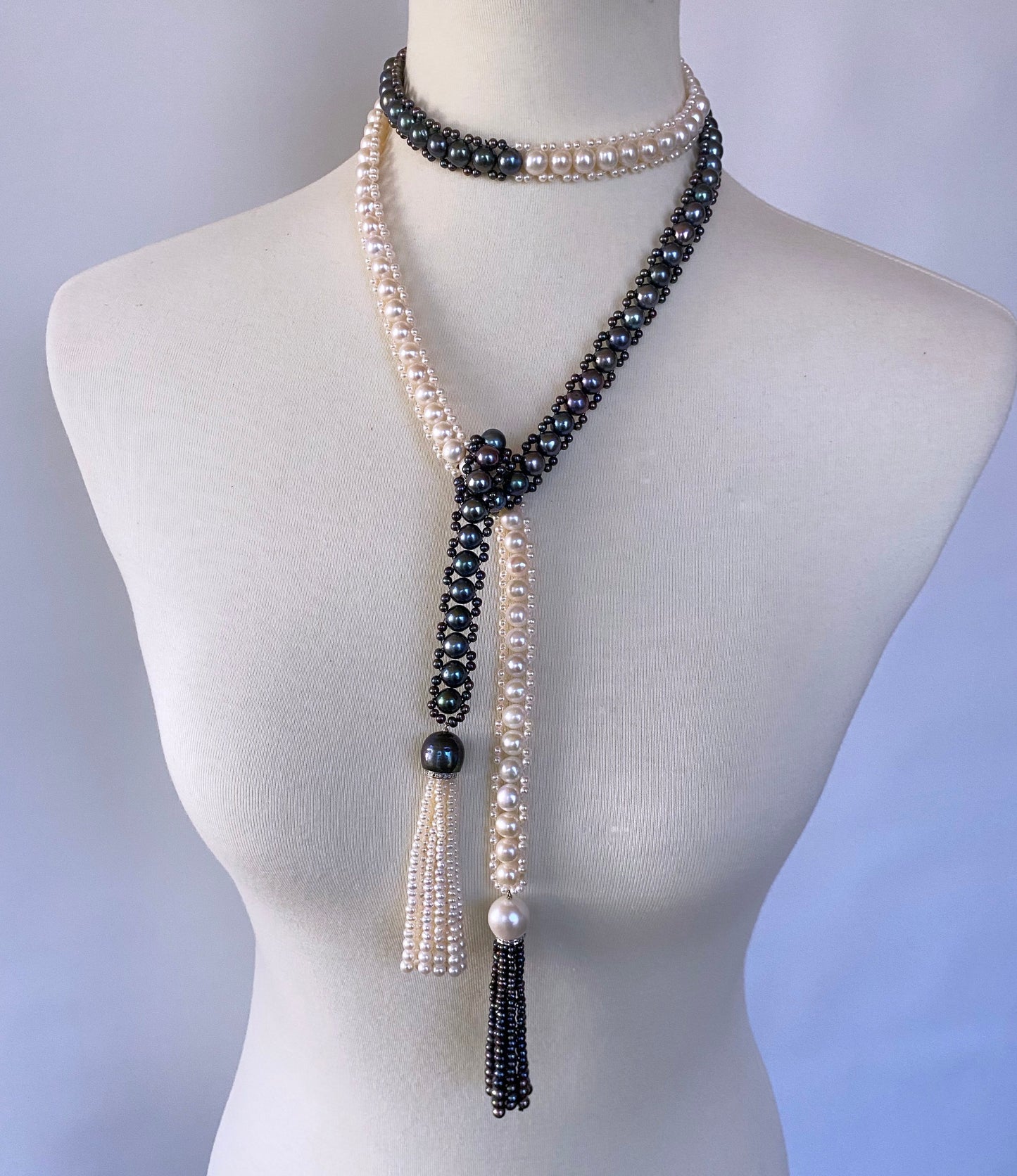 Black & White Pearl Sautoir with Diamonds and 14k White Gold