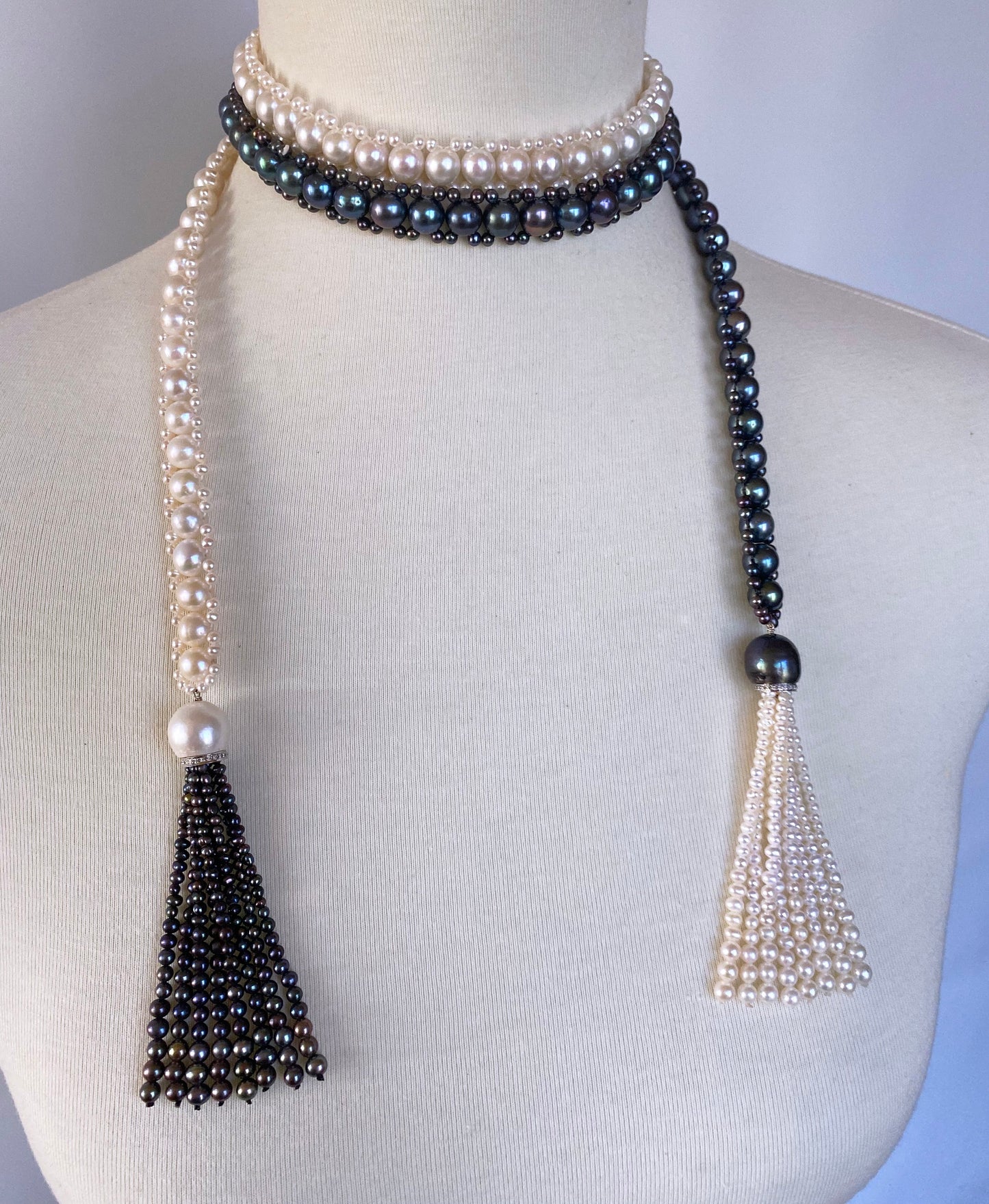 Black & White Pearl Sautoir with Diamonds and 14k White Gold