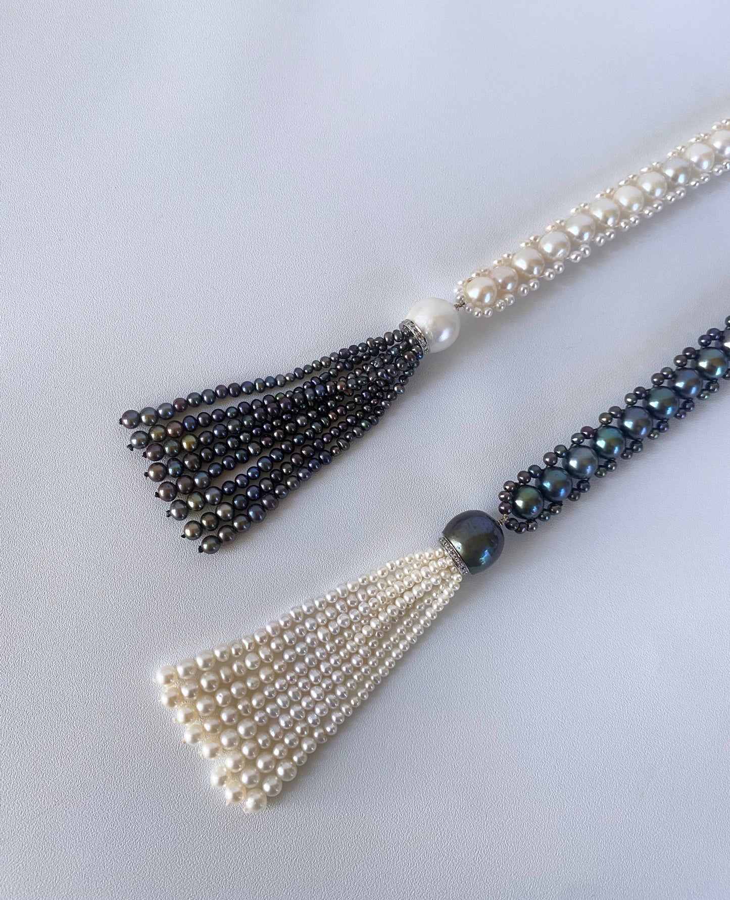 Black & White Pearl Sautoir with Diamonds and 14k White Gold