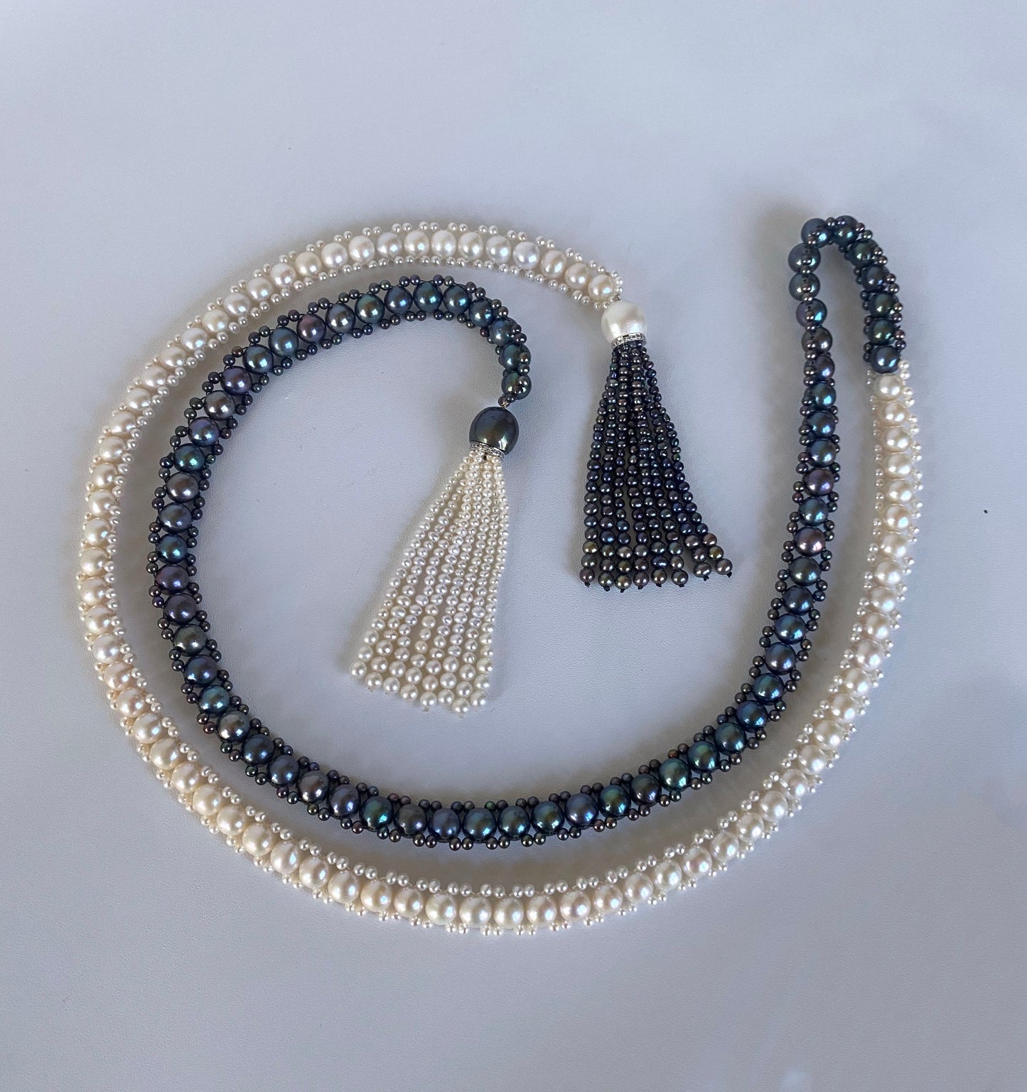 Black & White Pearl Sautoir with Diamonds and 14k White Gold