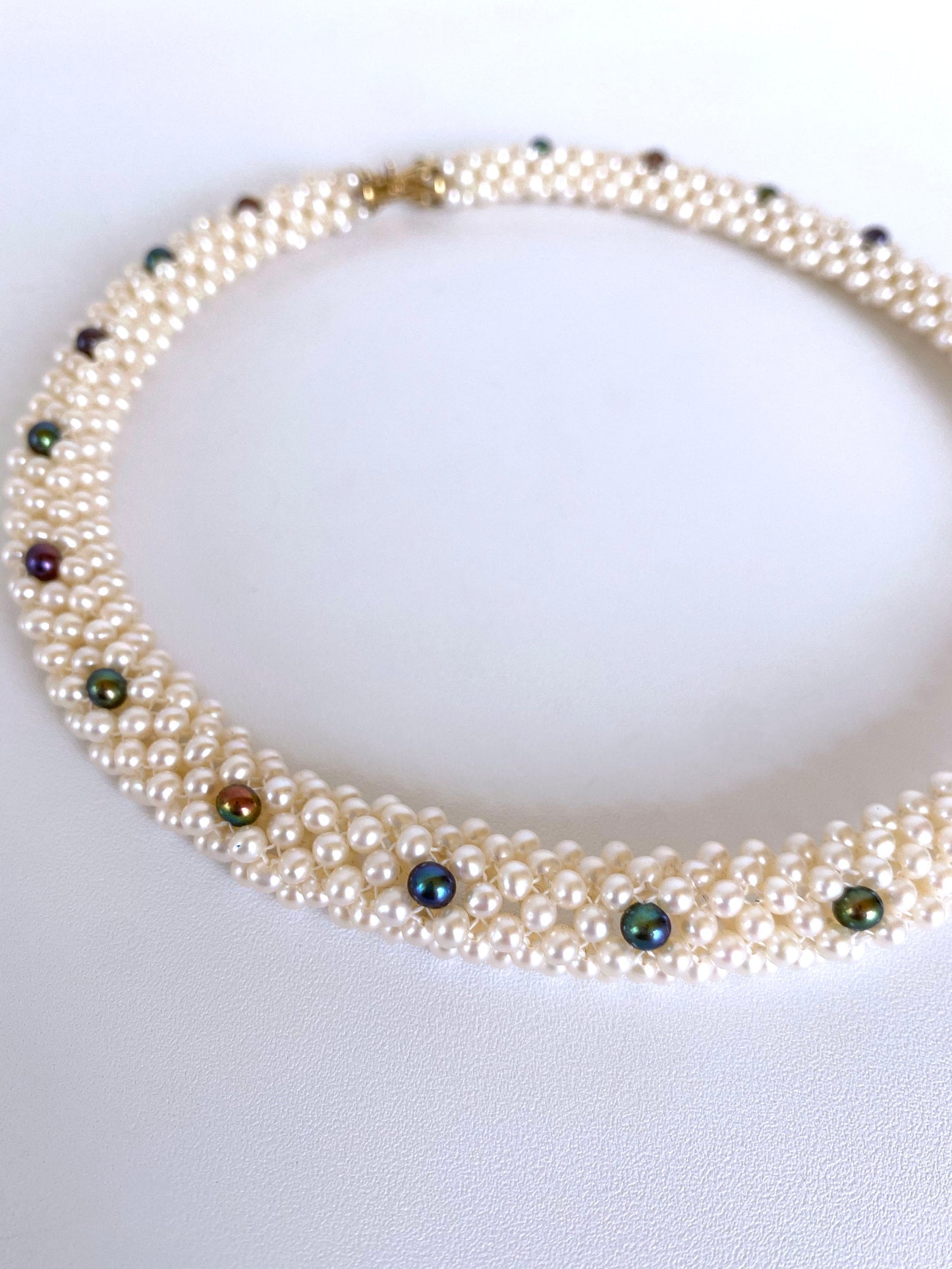 Woven Black & White Pearl Rope Necklace with 14K Yellow Gold Clasp