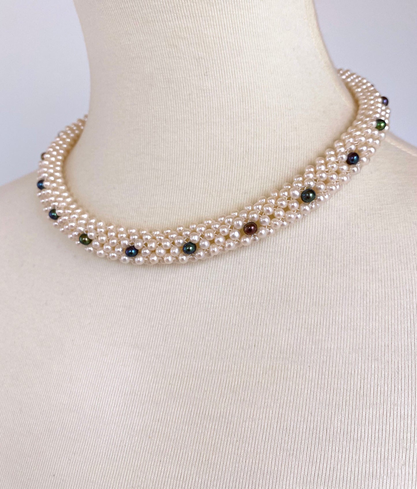 Woven Black & White Pearl Rope Necklace with 14K Yellow Gold Clasp