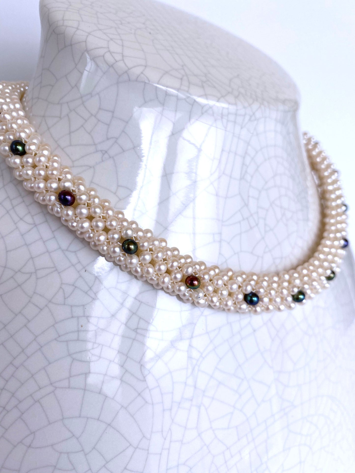 Woven Black & White Pearl Rope Necklace with 14K Yellow Gold Clasp