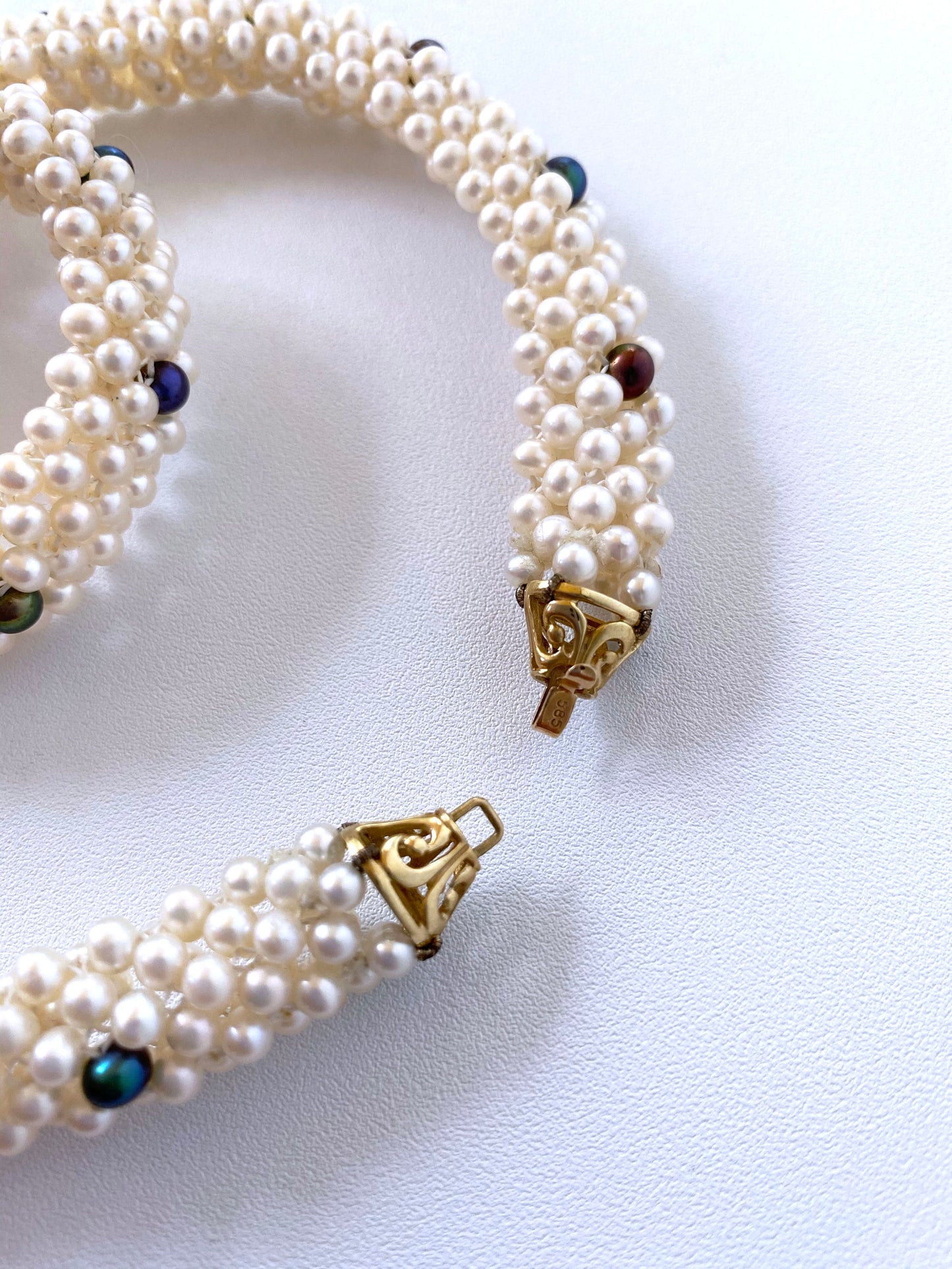 Woven Black & White Pearl Rope Necklace with 14K Yellow Gold Clasp