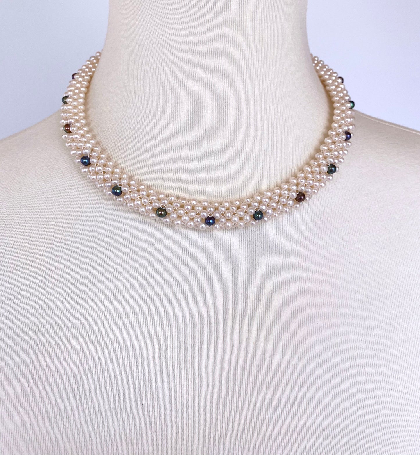 Woven Black & White Pearl Rope Necklace with 14K Yellow Gold Clasp