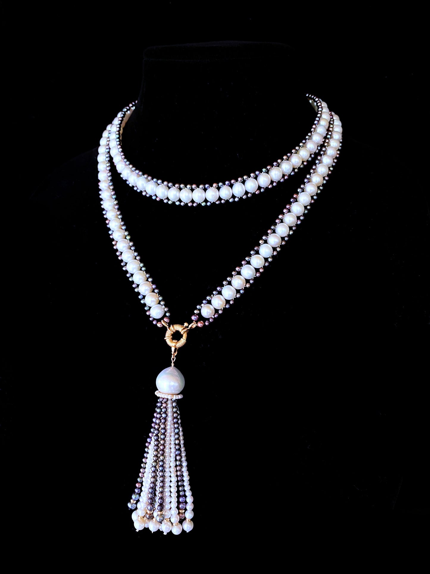 Black & White Pearl Sautoir with Removable Tassel & 14k Yellow Gold