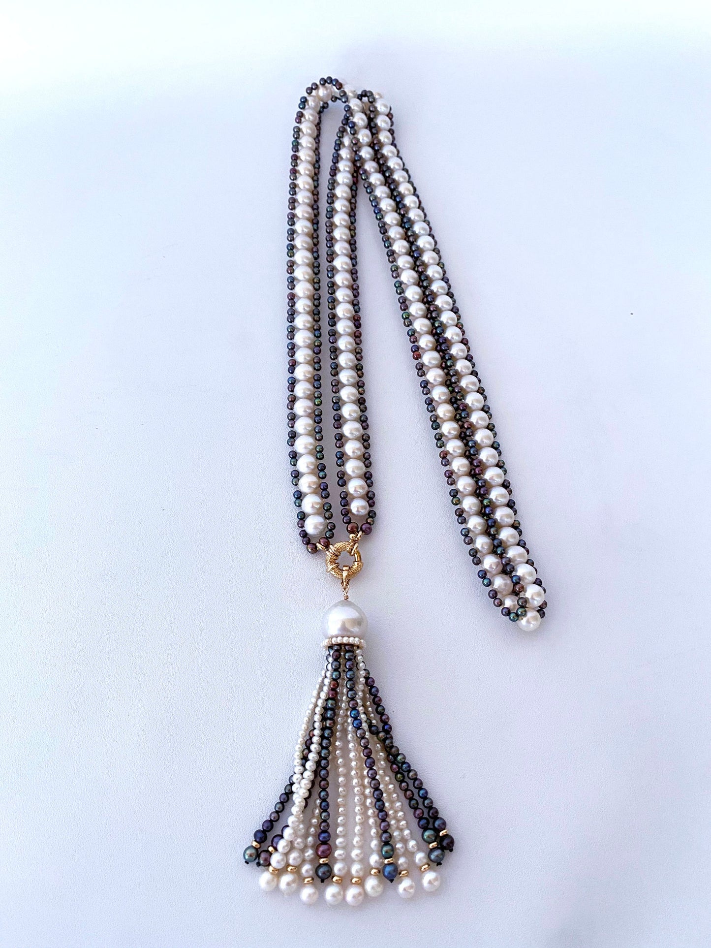 Black & White Pearl Sautoir with Removable Tassel & 14k Yellow Gold