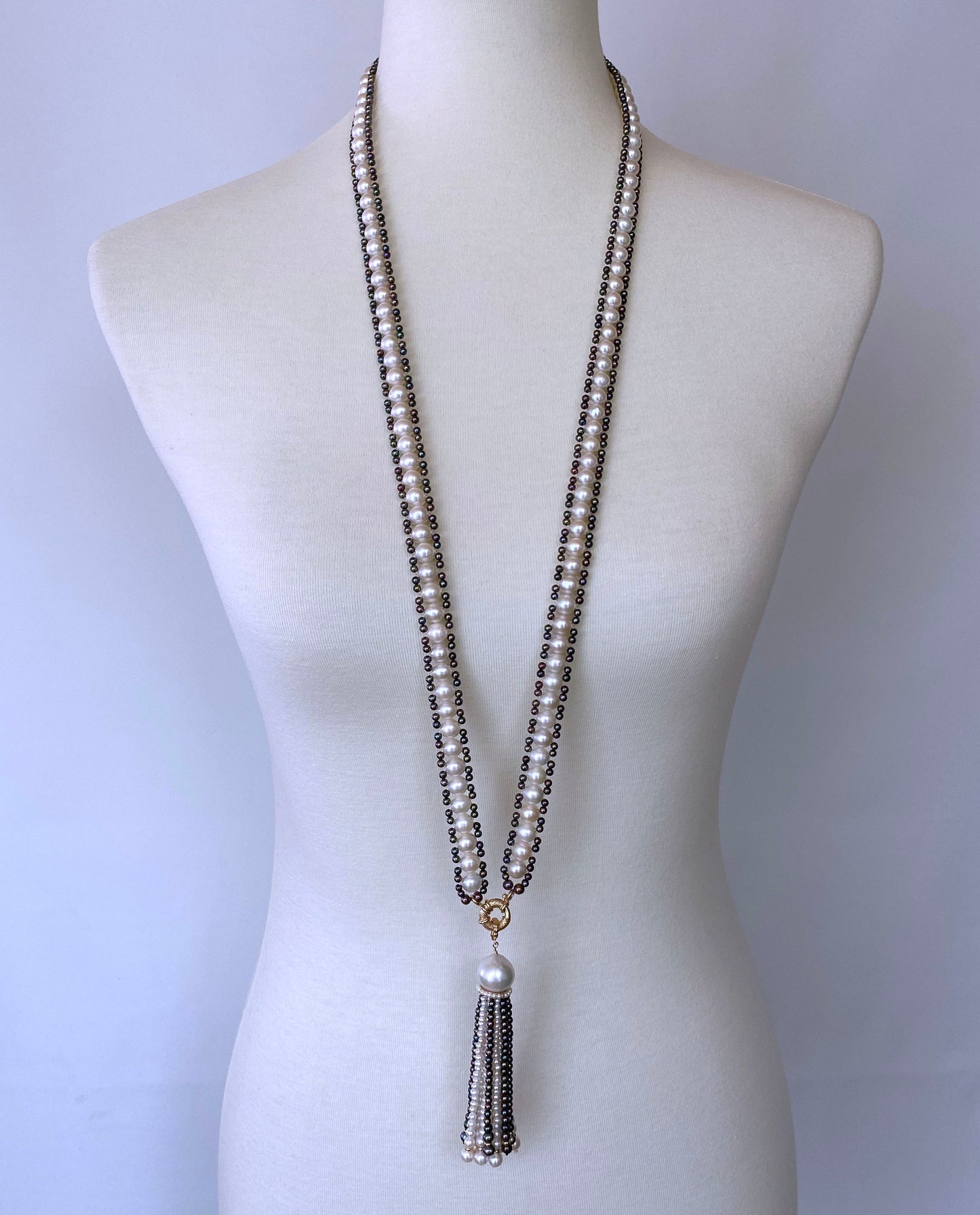 Black & White Pearl Sautoir with Removable Tassel & 14k Yellow Gold