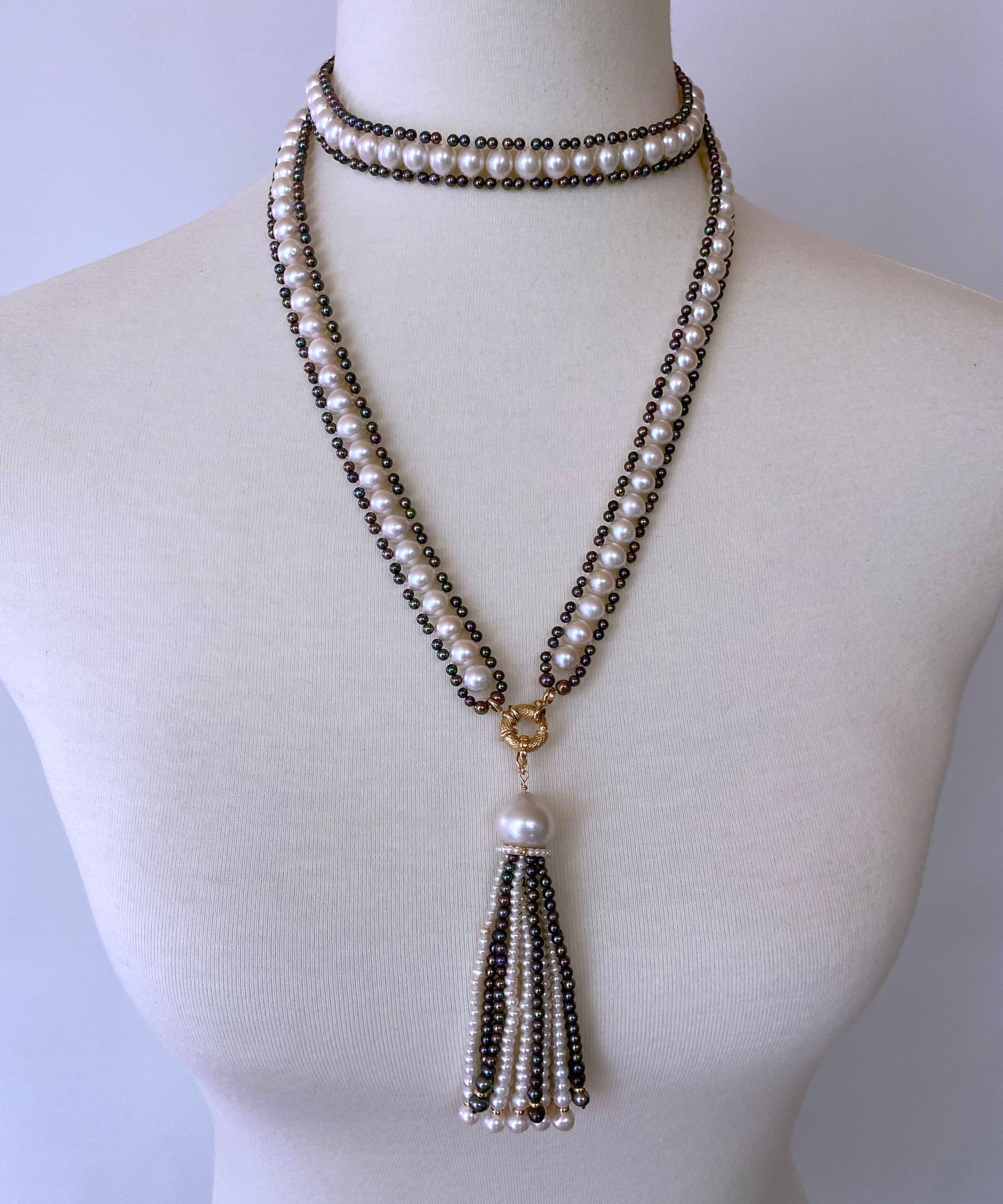 Black & White Pearl Sautoir with Removable Tassel & 14k Yellow Gold