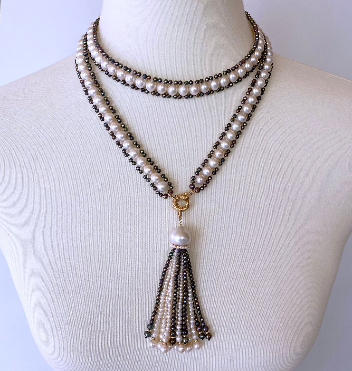 Black & White Pearl Sautoir with Removable Tassel & 14k Yellow Gold