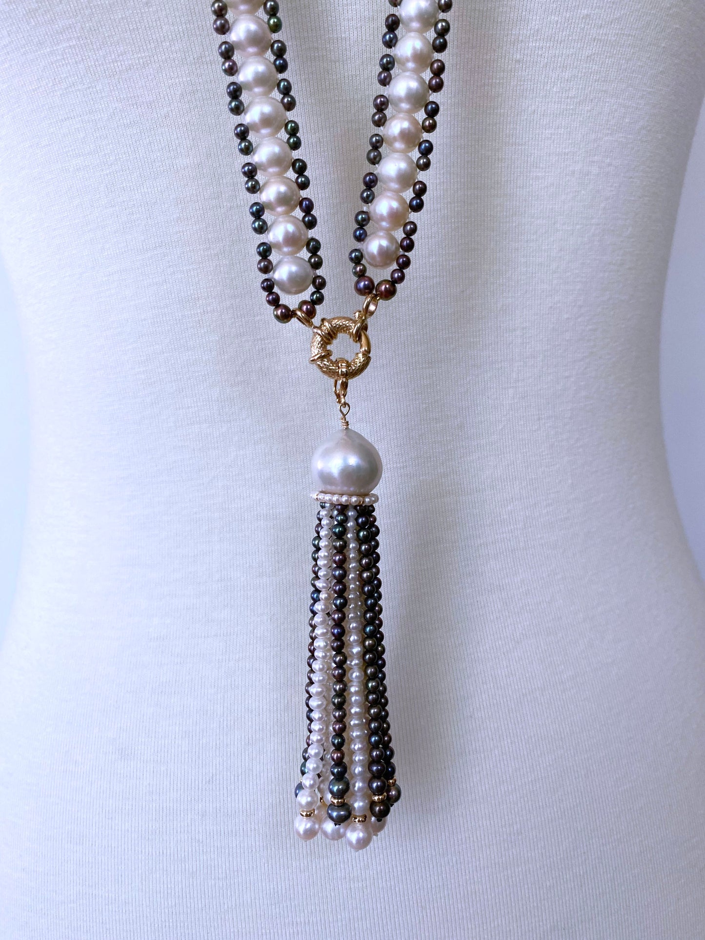 Black & White Pearl Sautoir with Removable Tassel & 14k Yellow Gold