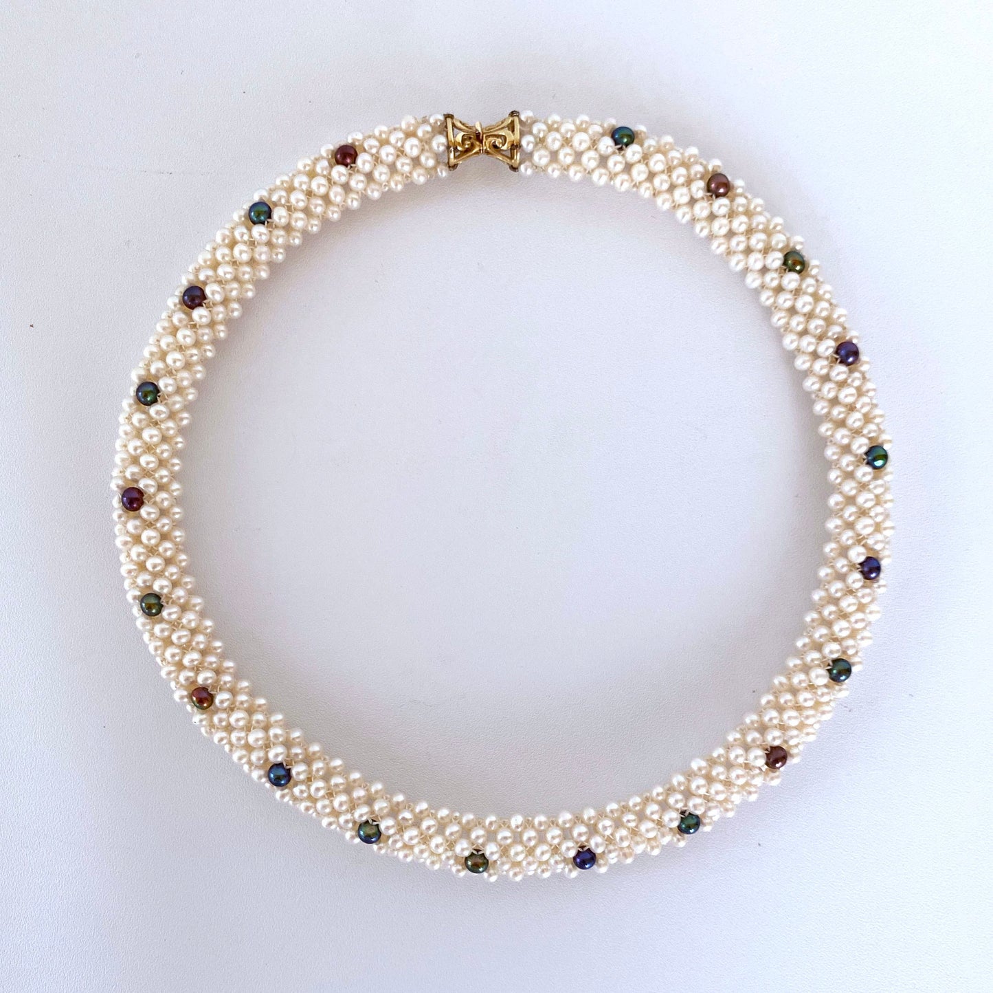 Woven Black & White Pearl Rope Necklace with 14K Yellow Gold Clasp