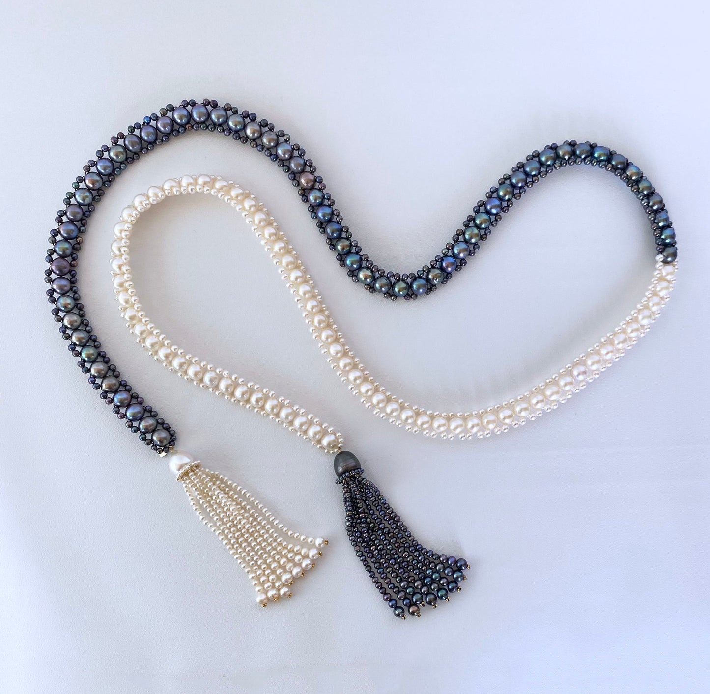 Marina J. Black and White All Pearl Woven Sautoir Necklace with 14K Yellow Gold