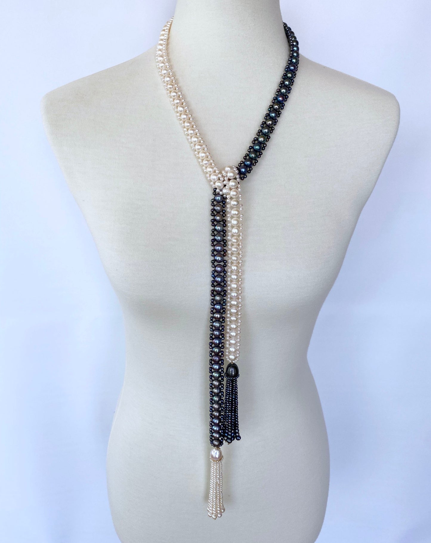 Marina J. Black and White All Pearl Woven Sautoir Necklace with 14K Yellow Gold