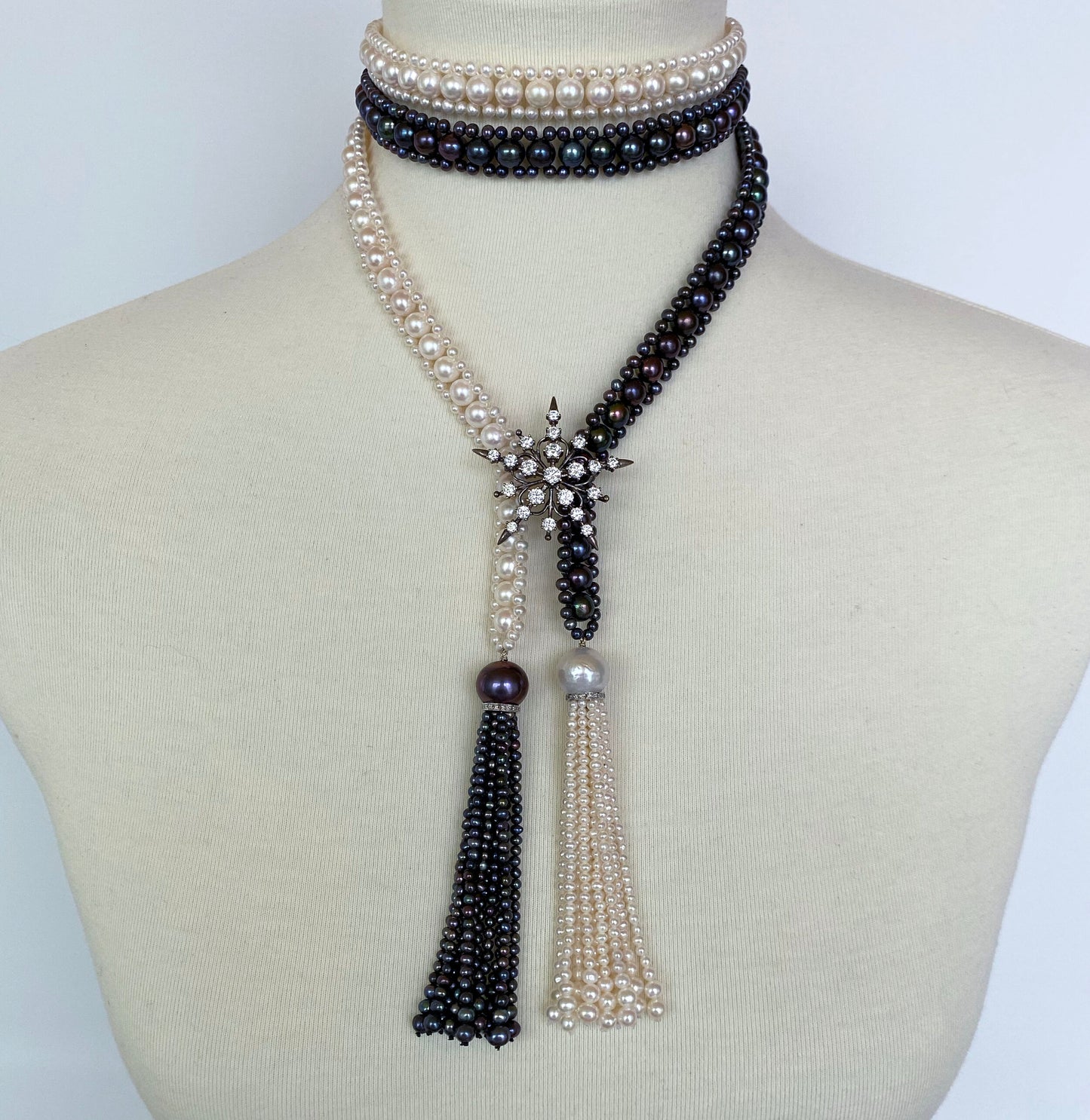 Marina J. Art Deco Style Long Woven Black and White Pearl Sautoir Necklace